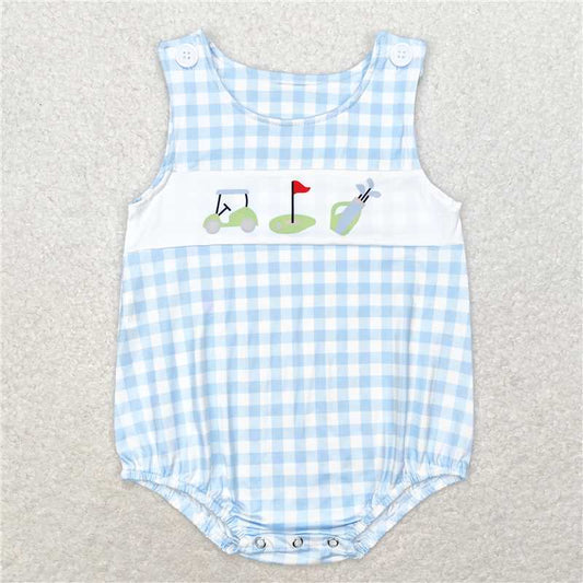 RTS SR1176 Baby Boys Romper Baby Infant Boys Golf Blue Checkered Summer Sleeveless Rompers