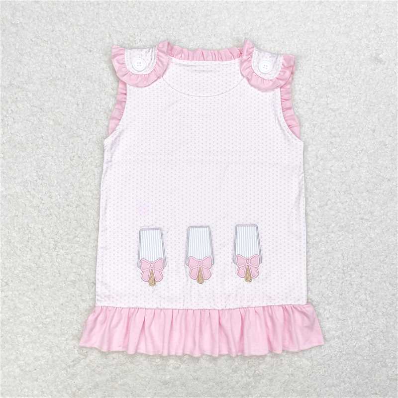 GT0534 Embroidered bow ice cream pink polka dot sleeveless top