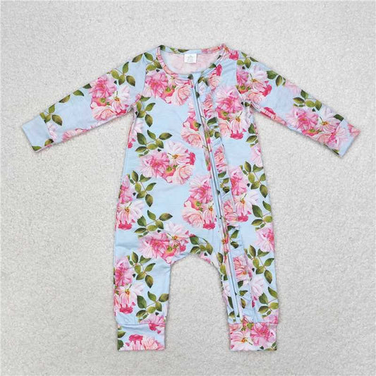 LR0880 Bamboo pink flowers Blue lace zipper long-sleeved onesie