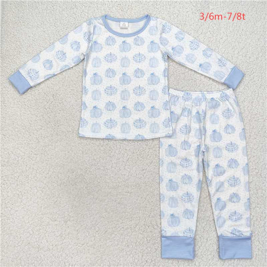 BLP0469 Bamboo pumpkin blue and white long-sleeved and long-pants pajama set