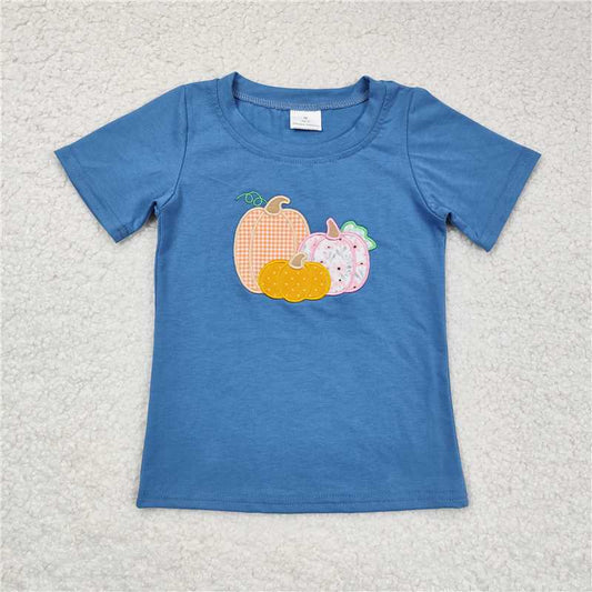 BT0675 Girl Embroidered plaid pumpkin blue short-sleeved top