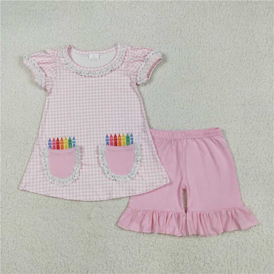 RTS GSSO2388 Baby Girls Pink Plaid Pencil Skirt Tunic Top with Pockets And Ruffle Shorts Outfit Set