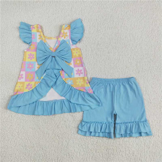RTS GSSO2623  Baby Girls Blue Plaid Tunic with Flutter Sleeves And Ruffle Shorts Set Girls Outfit with Floral Details for Spring And Summer