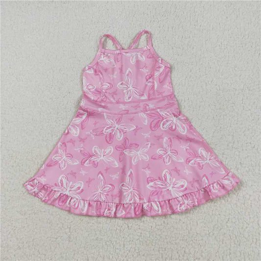RTS GSD2292 Baby Girls Pink Strap Butterfly Print Yoga Ruffle Knee-Length Dresses Soft Cotton Toddler Girls Summer Dress
