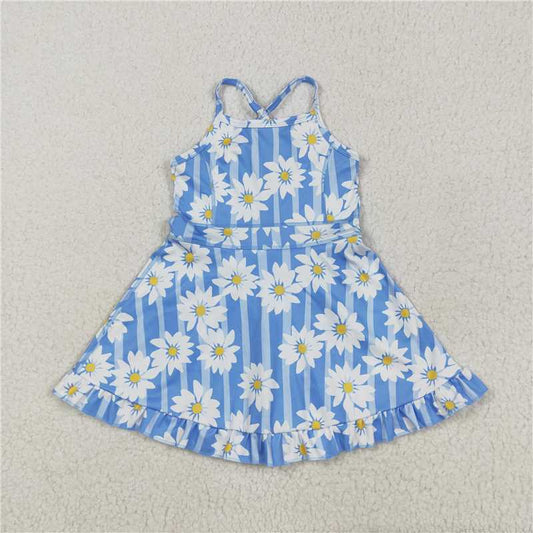 RTS GSD2283 Baby Girls Blue Strap Floral Print Yoga Dress with Ruffle Knee-Length Casual Outfit for Toddlers