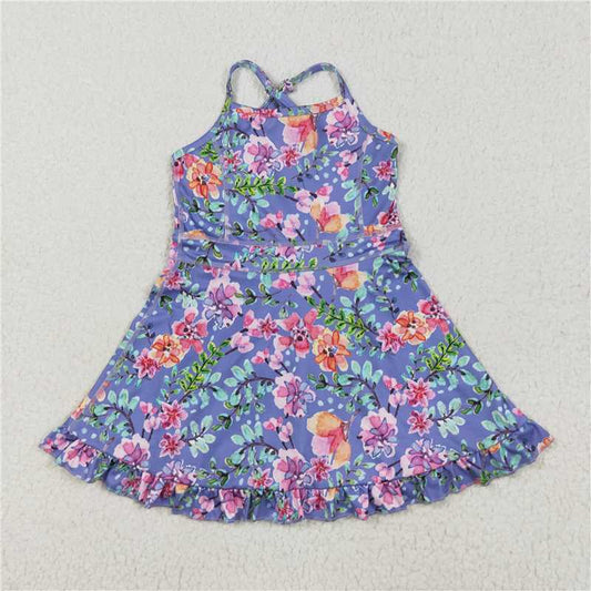 RTS GSD2279 Baby Girls Purple Strap Floral Print Yoga Ruffle Knee-Length Dresses Casual Comfortable Soft Fabric Children's Clothing