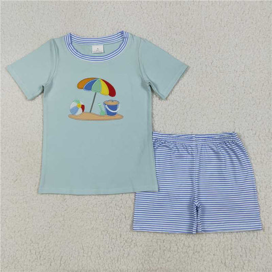 RTS BSSO1485 Baby Boys Summer Clothes Embroidery Baby Boys Short Sleeves Beach Top Blue Stripe Short Sets