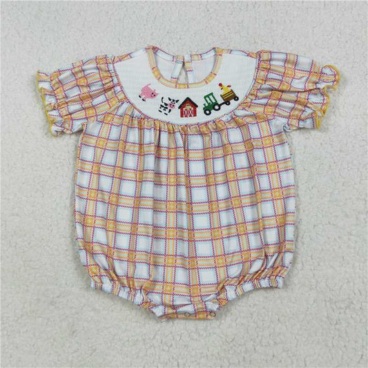 RTS SR2982 Baby Infant Girls Plaid Cows Farm Smocked Rompers for Fall Season Comfortable Soft Material Infant Outfit for Girls