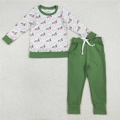 Sibling Baby Boys Long Sleeves Green Ducks Plaid Top Pants Western Set 7.25