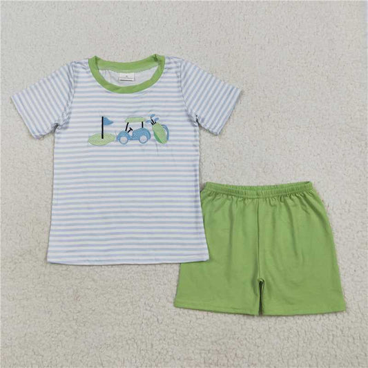 RTS BSSO1504 Baby Boys Summer Clothes Baby Boys Blue Stripe Short Sleeves Golf Top Green Short Sets