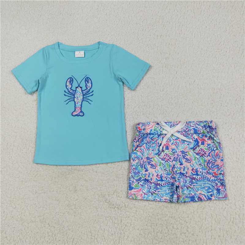 RTS BSSO1479 Baby Boys Summer Clothes Embroidery Baby Boys Blue Crayfish Top Pockets Short Sets