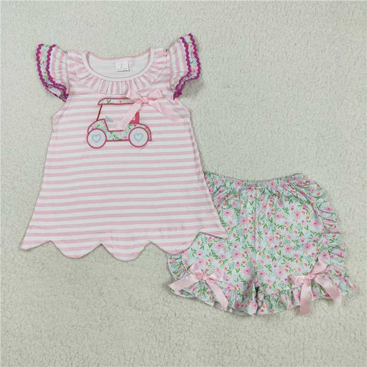 RTS GSSO2633Embroidery Baby Girls Golf Outfit with Floral Tunic And Ruffle Shorts Set with Flutter Sleeves for Spring Summer