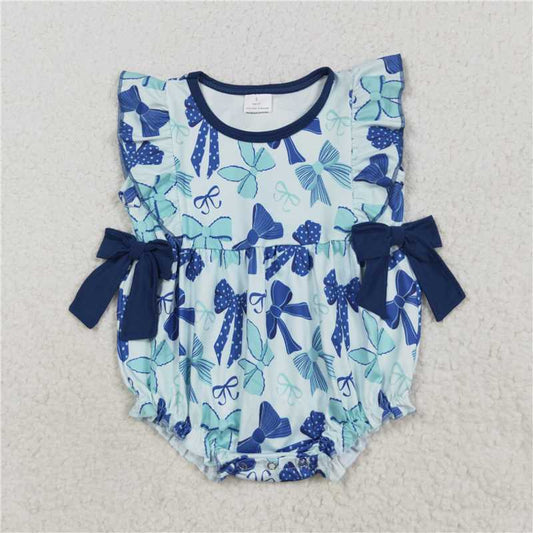 RTS SR3121 Baby Girls Plaid Ruffle Rompers Hot Blue Flutter Sleeves Bows for Infants Toddler Girls Clothing