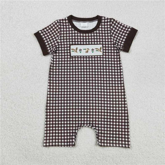 RTS SR3164 Baby Boys Romper Embroidery Baby Boys Brown Plaid Short Sleeves Ducks Short Rompers