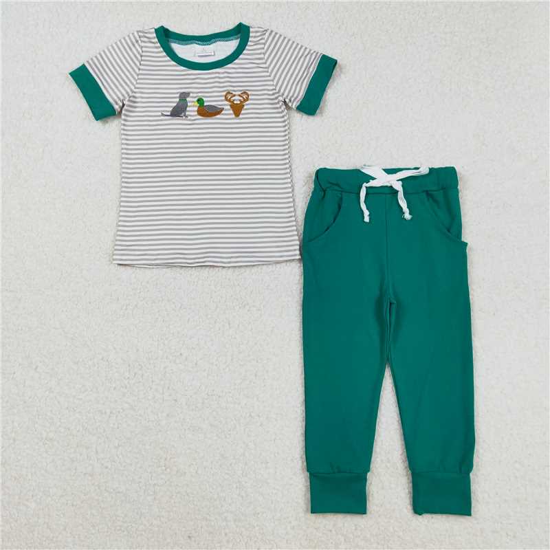 RTS BSPO0154 Kids Summer Top With Long Pants Embroidery Duck Deer Dog Baby Boys Stripes Top Pockets Pants Sets