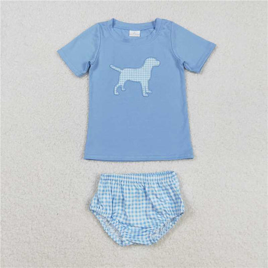 RTS GBO0470 Blue Embroidery Dog Baby Boys Top Bummies Clothes Sets Baby Boys Blue Shirts Top Bummies Outfit Set