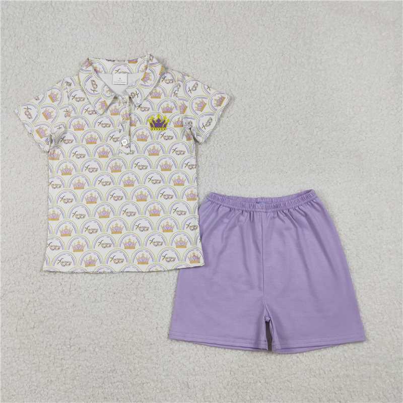RTS BSSO1565 Baby Boys Summer Clothes Embroidery Crowns Baby Boys Mardigras Checked Button Polo Top Shorts Clothes Sets