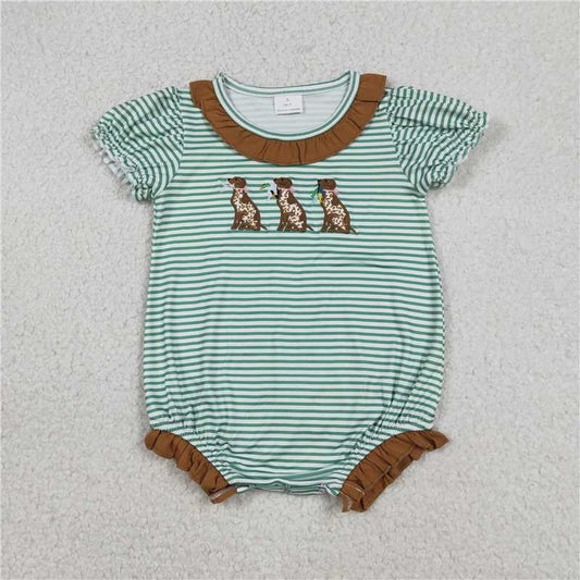 RTS SR3404 Baby Girls Embroidered Ducks Dogs Ruffle Romper with Stripe Collar Hunting Theme Clothing for Infants