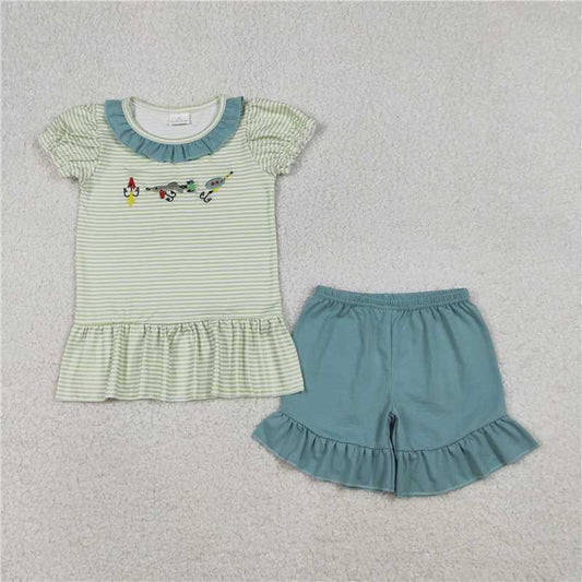 RTS GSSO2792 Embroidery Fishing Baby Girls Stripe Collar Tunic Ruffle Shorts Set Cute Hunting Theme Outfit for Little Girls