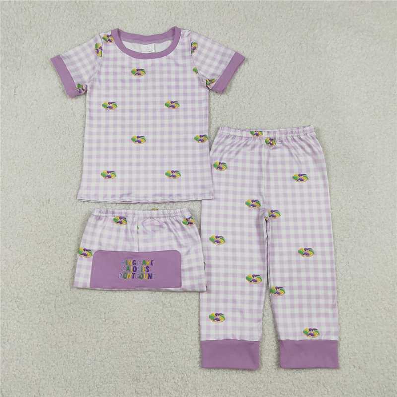 RTS BSPO0630 Kids Summer Top With Long Pants Embroidery King Cake Baby Boys Mardigras Donuts Checked Pants Pajamas Sets