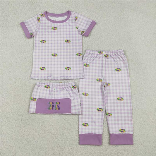 RTS BSPO0630 Kids Summer Top With Long Pants Embroidery King Cake Baby Boys Mardigras Donuts Checked Pants Pajamas Sets