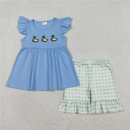RTS GSSO2728  Baby Girls Embroidery Ducks Tunic with Flutter Sleeve Checked Ruffle Shorts Set Cute Clothes Outfit for Little Girls