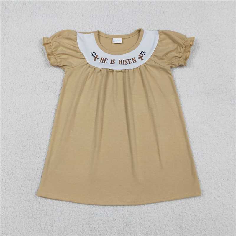 RTS GSD3123 Baby Girls' Khaki Easter Knee-Length Dress Embroidery 'He Is Risen' Cross Design Spring Frock for Little Girls