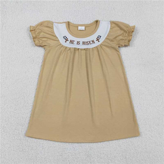 RTS GSD3123 Baby Girls' Khaki Easter Knee-Length Dress Embroidery 'He Is Risen' Cross Design Spring Frock for Little Girls