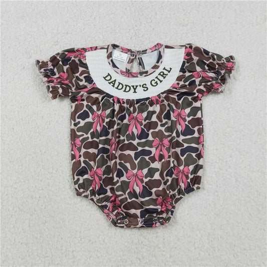 RTS SR3105 Smocked 'Daddy's Girl' Rompers Short Ruffle Sleeves Southern Camo Bows Design for Baby Girls