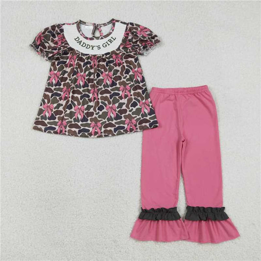 RTS GSPO2025 Smocked Daddy's Girl Brown Camouflage Bow Tunic Top with Ruffle Pant Outfit Set for Baby Girls