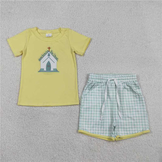 RTS BSSO1740 Baby Boys Summer Clothes Embroidery Church Crosses Baby Boys Checked Pockets Shorts Easter Clothes Sets
