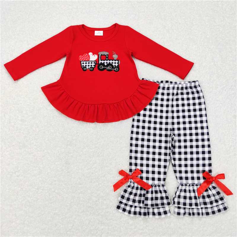 BLP0403 Embroidery Love Tractor Red Long Sleeve Black and White Plaid Series Valentine's Day