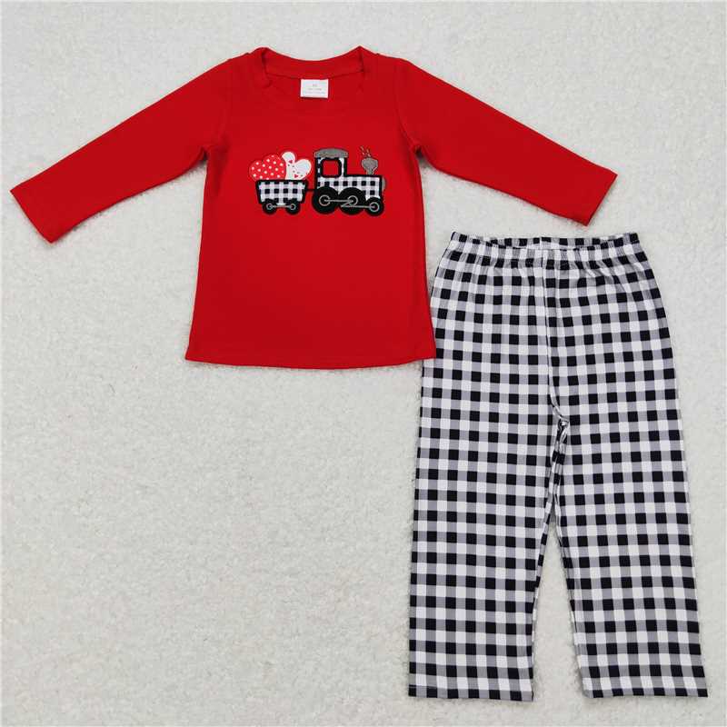 BLP0403 Embroidery Love Tractor Red Long Sleeve Black and White Plaid Series Valentine's Day