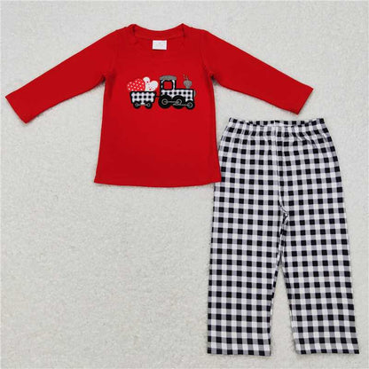 BLP0403 Embroidery Love Tractor Red Long Sleeve Black and White Plaid Series Valentine's Day
