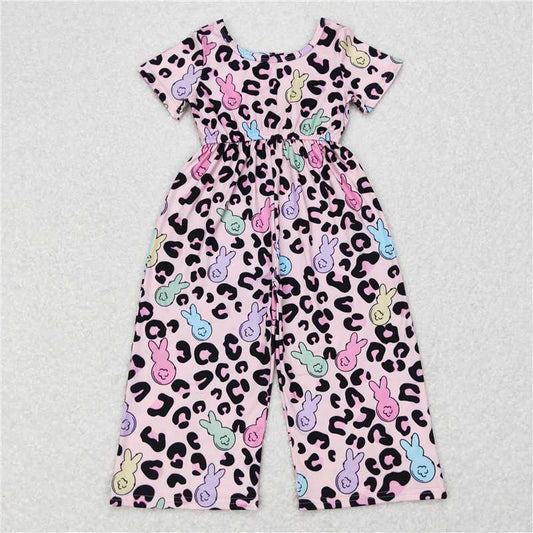 RTS SR0481 Baby Girls Pink Easter Leopard Bunny Jumpsuit Infant Outfit