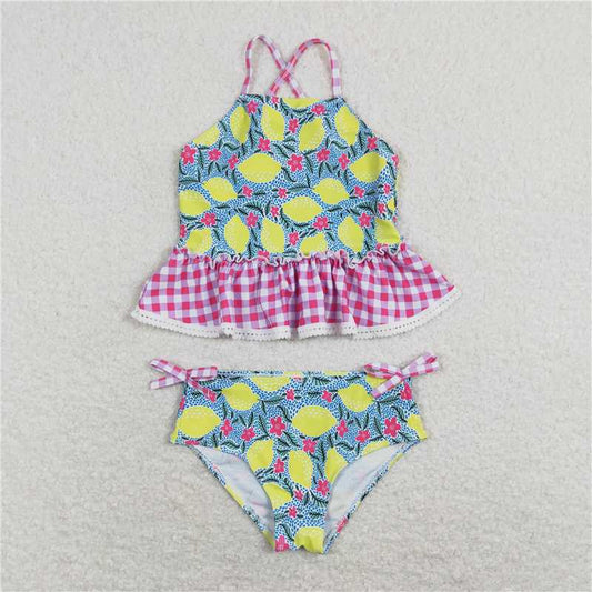 RTS S0219 Baby Girls Summer Lemon Ruffle Two-Piece Swimsuit Set Cute Poolside Outfit for Little Girls