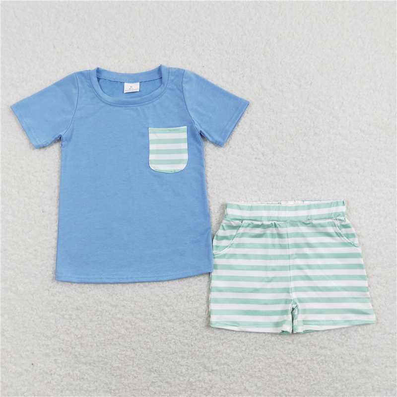 RTS BSSO0366 Baby Boys Blue Short Sleeve Top Stripes Shorts Outfits Clothes Sets