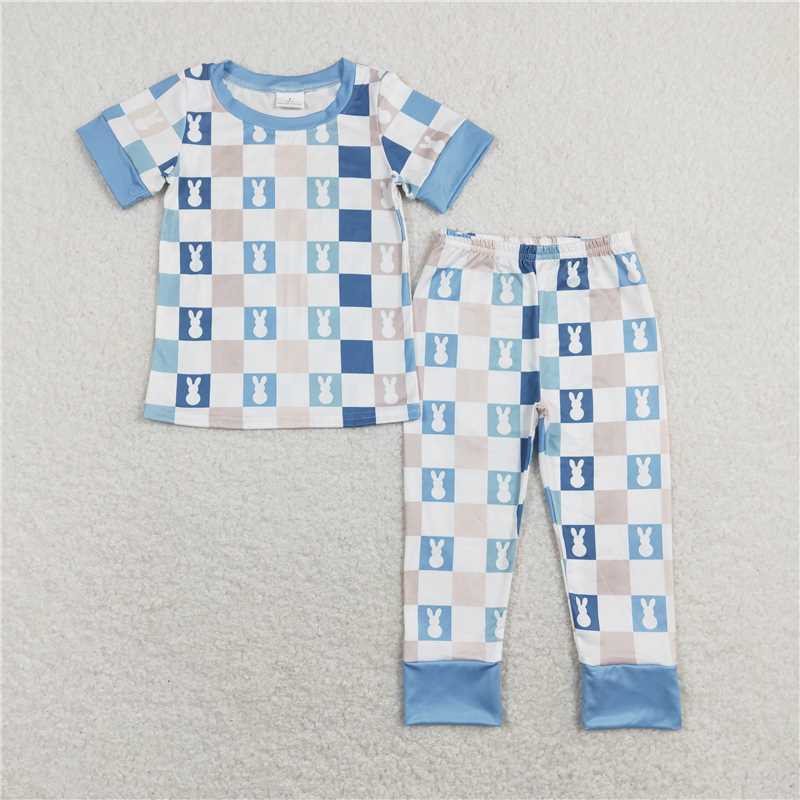 RTS BSPO0318 Kids Summer Top With Long Pants Baby Boys Blue Checkered Rabbits Short Sleeve Tops Pants Pajamas Clothes Sets
