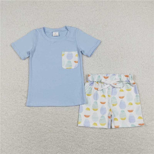 RTS BSSO0525 Baby Boys Aqua Pocket Shirt Easter Eggs Shorts Clothes Sets