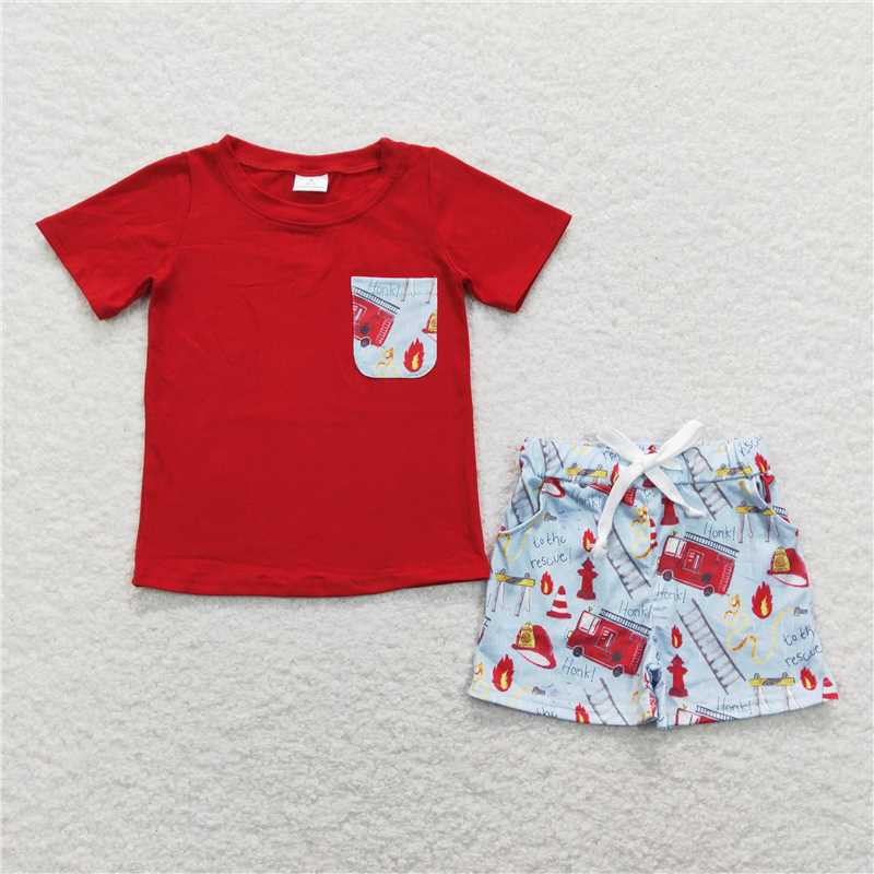 RTS BSSO0557 Baby Boys Red Pocket Tee Shirts Fire Truck Shorts Clothes Sets
