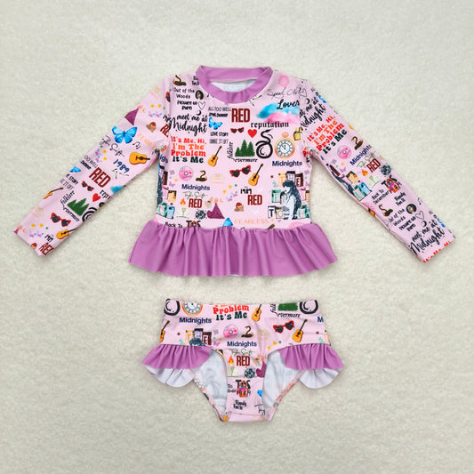 RTS S0292 Baby Girls Summer Long Sleeve Singer Purple Swimsuit Top Bummie Outfit for Little Girls