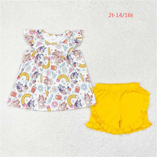 GSSO1246 Back to school cartoon dog Flower pencil plaid flying sleeve yellow shorts set