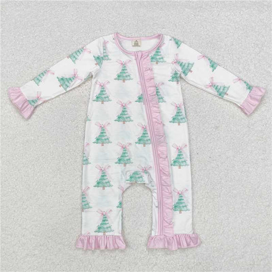 Sibling Baby Girls Christmas Tree Pink Bows Rompers Dresses