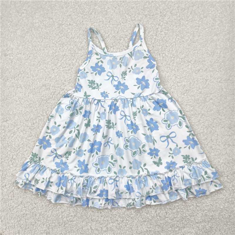 RTS GSD2377  Baby Girls Blue Strap Floral Knee-Length Dress Cute Infant Girl's Clothing