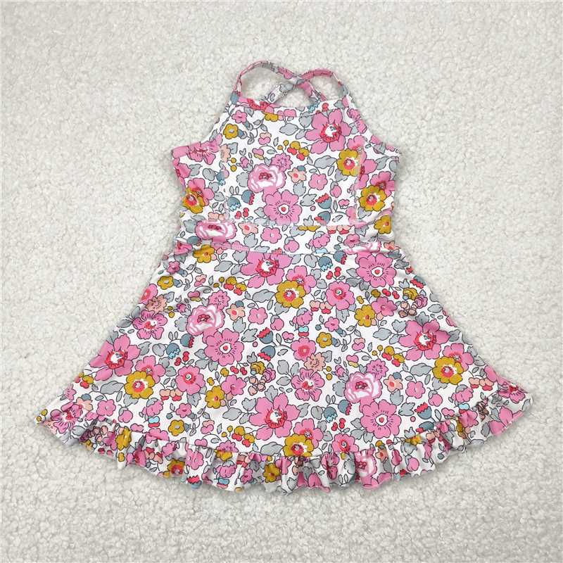 RTS GSD2278 Baby Girls Pink Strap Floral Print Yoga Ruffle Knee-Length Dresses