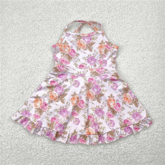 RTS GSD2280 Baby Girls Peach Strap Floral Print Yoga Ruffle Knee-Length Dresses