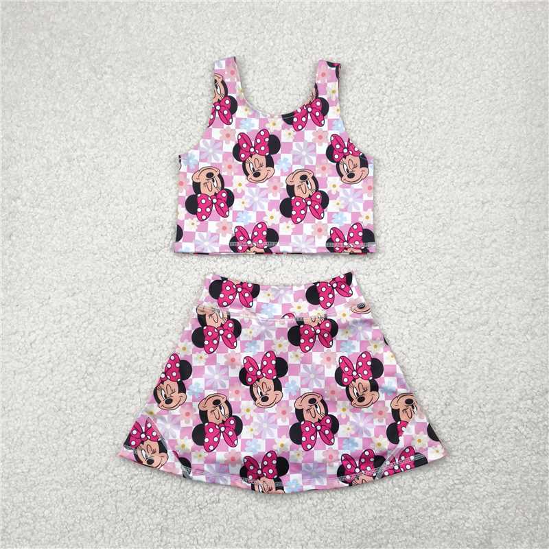 RTS GSD2460  Baby Girls Sleeveless Pink Plaid  Skort Yoga Set Cute Toddler Outfit with Top And Skort Combo