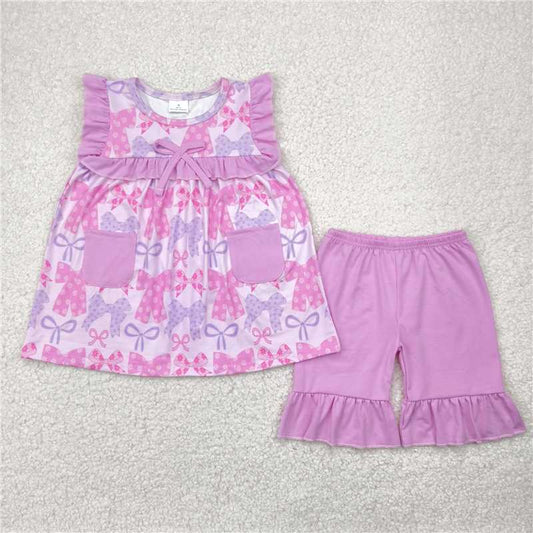 RTS GSSO2462 Baby Girls Lavender Bows Tunic Ruffle Shorts Outfit Set with Pockets for Spring/Summer