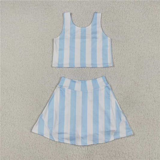 RTS GSD2433 Baby Girls Blue Stripes Athletic Active Wear Outfit Set: Top Shorts And Skirts Combo for Active Kids