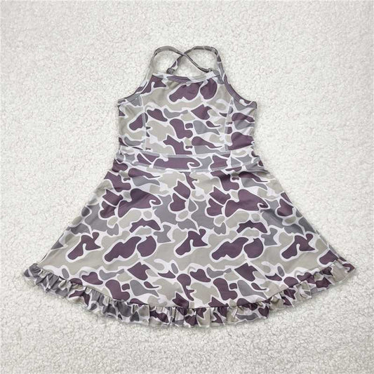 RTS GSD2312 Baby Girls Strap Purple Camouflage Yoga Ruffle Knee-Length Dresses Children's Clothing Outfits for Girls